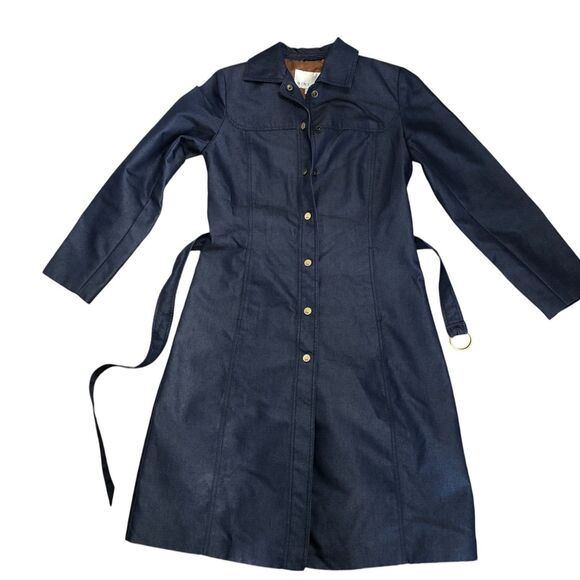 Womens Nine West Coated Denim Snap Front Long Line Belted Dress‎ Coat Sz S - Picture 1 of 11